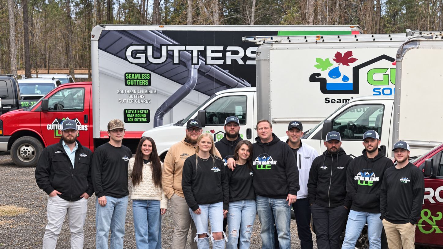 The Gutter Solutions LLC crew standing in front of their branded gutter trucks