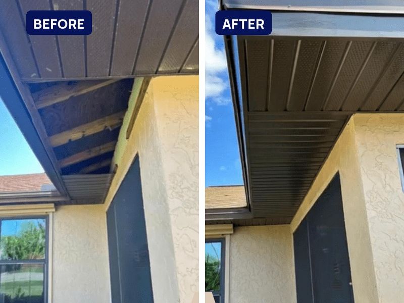 Before and after: an eave with missing soffit and exposed rafters, then the same eave closed in with dark soffit panels