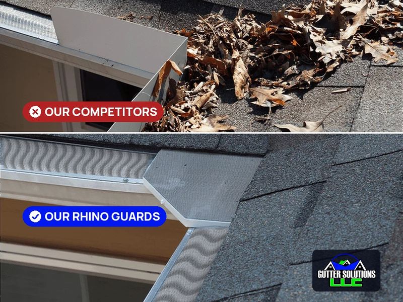 Rhino gutter guard versus a competitor guard at a roof valley: a flat guard buried in dry oak leaves above, and S-curve micro-mesh runs either side of a flat corner piece below
