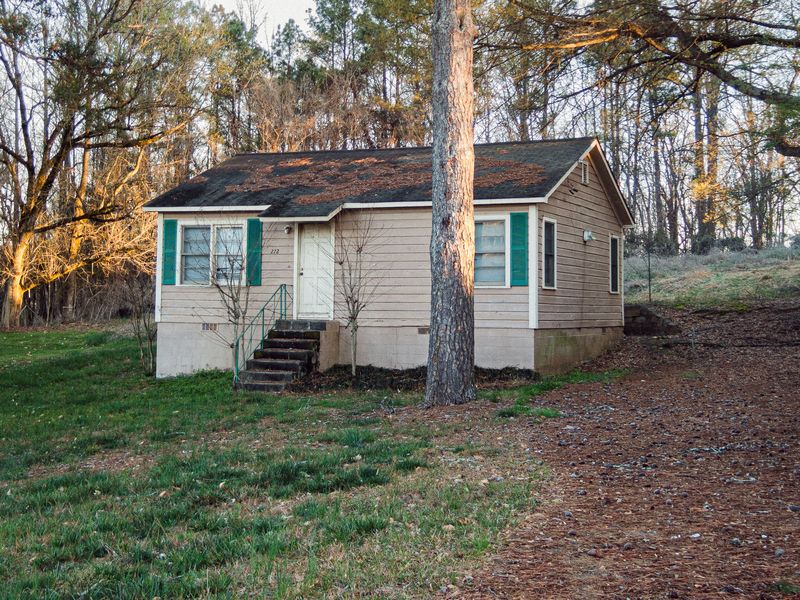 A small white cottage with green shutters beside a tall pine, with a path of fallen needles leading past it