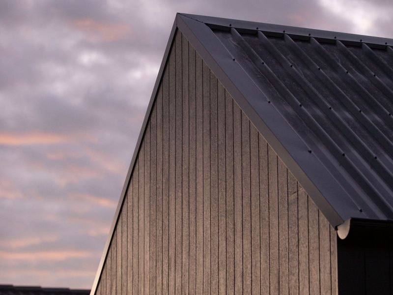 Modern gable-roofed house with dark vertical siding and a metal roof at dusk