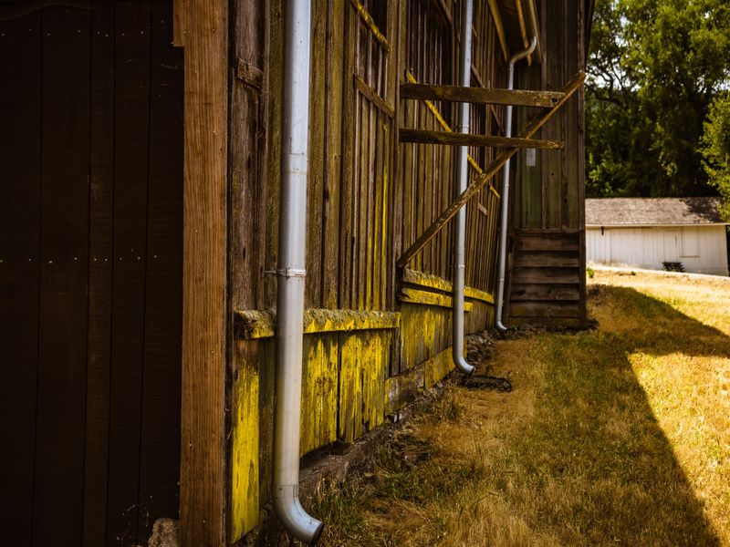 The long side of a weathered wooden barn with several metal downspouts, beside a sunny field