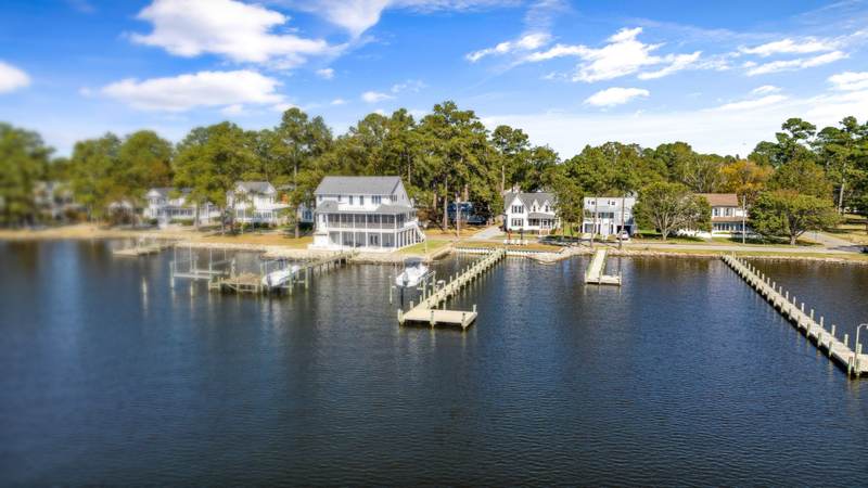 Waterfront homes with private docks along a calm bay, backed by tall pines