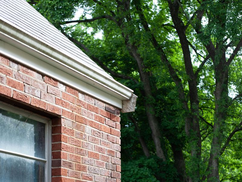 Corner of an older red brick house with an aluminum gutter and end cap beneath tall shade trees