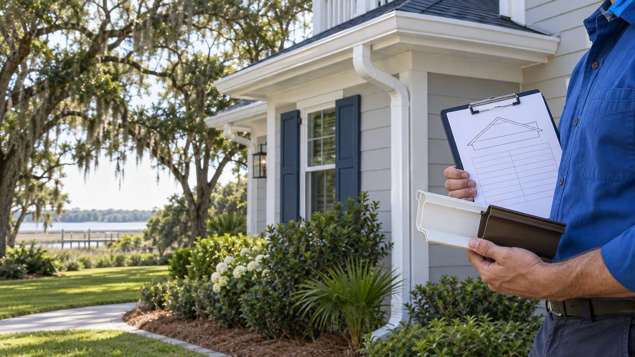 Gutter estimator holding white and bronze finish samples and a roof diagram beside a home.