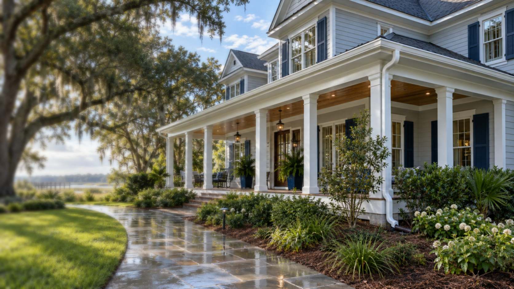 Coastal home with white seamless gutters, a wraparound porch and a wet stone walkway.