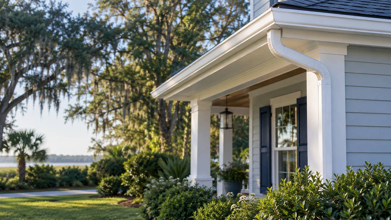 White seamless gutter and neatly connected downspout at the corner of a coastal porch.