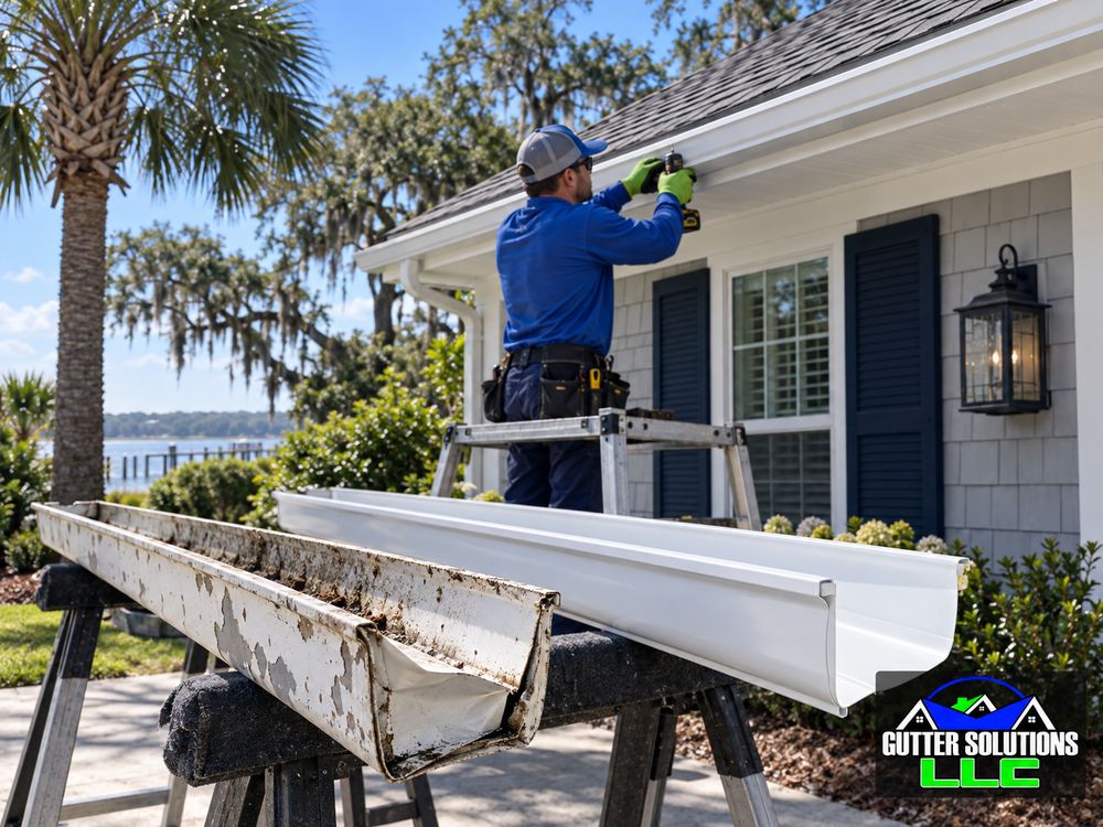 Removed weathered gutter and new white replacement gutter beside an installation in progress.