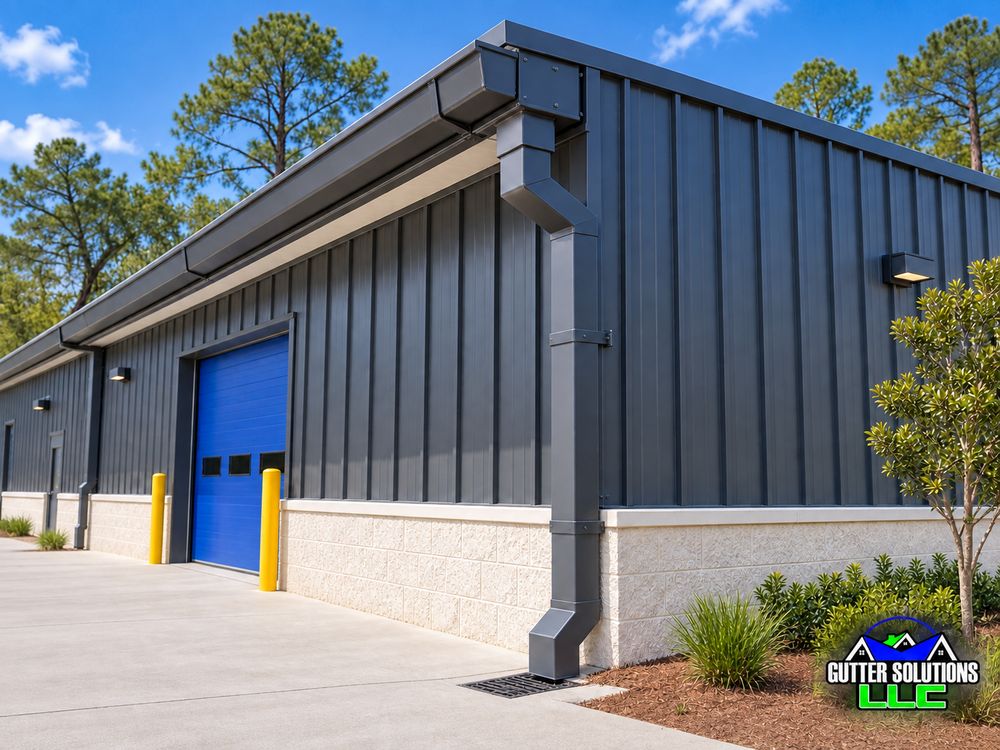 Large commercial box gutter and rectangular downspout fitted to a metal-clad warehouse.