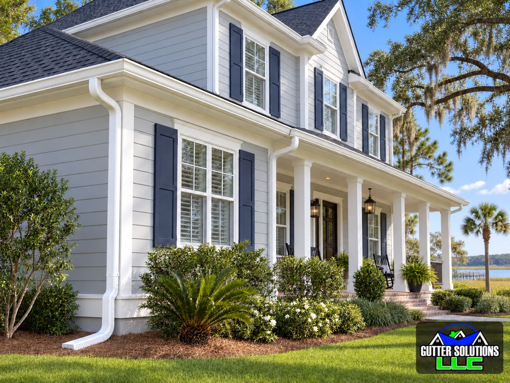 Coastal home with white seamless gutters and connected downspouts along the porch and roof edges.