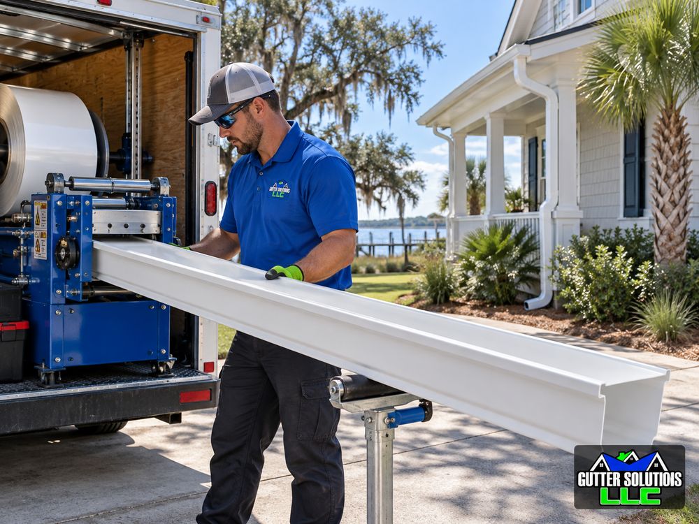 Technician forming a continuous white seamless gutter on site with a portable roll-forming machine.