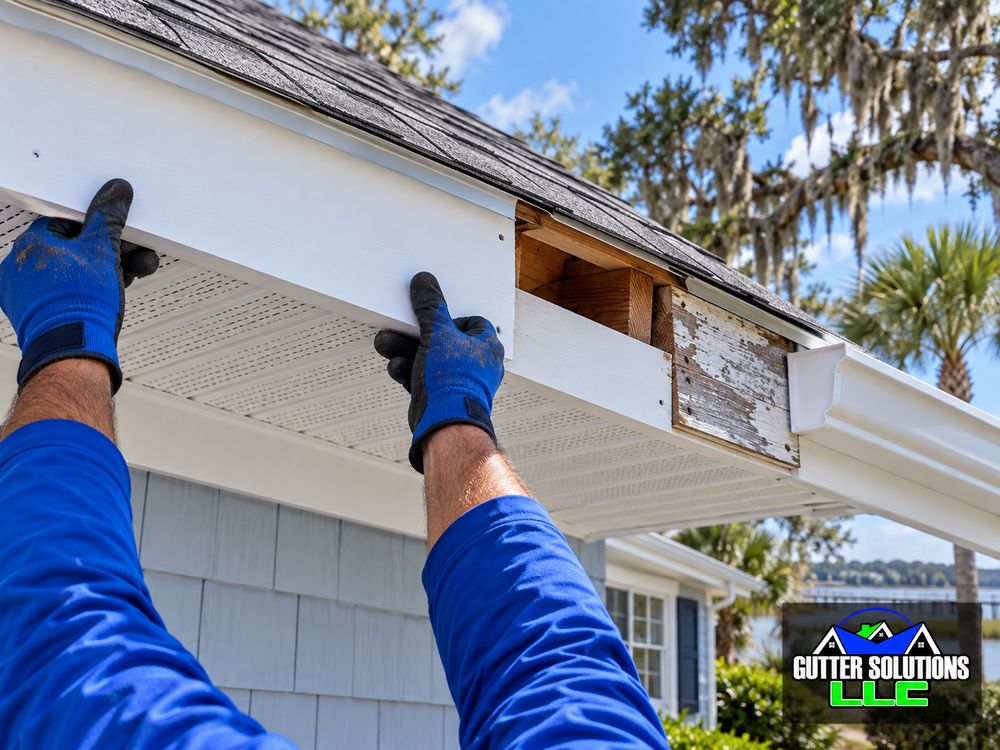 Technician fitting a white fascia board beside ventilated soffit panels.