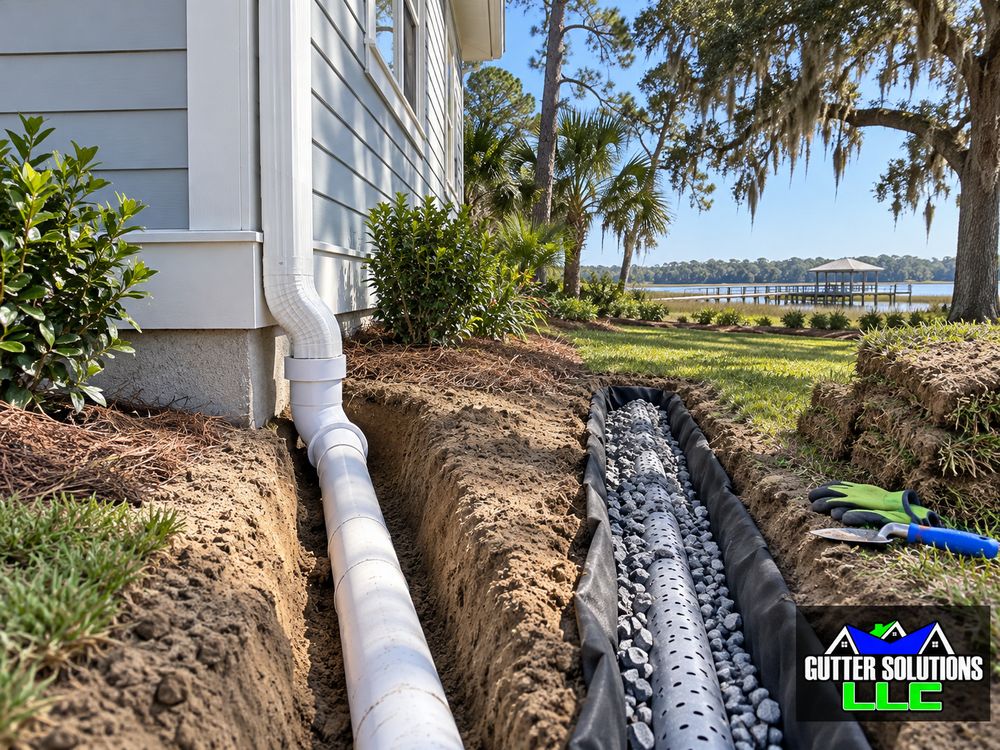 Downspout connected to an underground PVC discharge pipe beside a gravel-lined French drain.